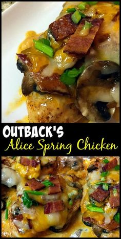 an image of a plate of food with cheese and bacon on it that says outback's alice spring chicken