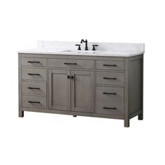 a double sink vanity with two faucets and marble counter top in grey finish