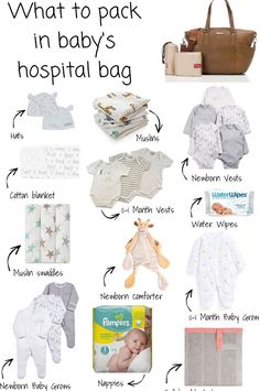 what to pack in baby's hospital bag with pictures and instructions on the side