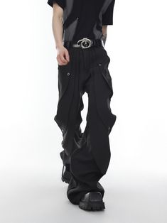 【23s Apr.】Pleated High Waist Trousers – ArtsKoreanMan Modern High-waist Pants For Streetwear, Modern Pants With Belt Loops For Streetwear, Baggy Full-length Bottoms With Belt Loops, Trendy Black Bottoms With Belt, Modern Fall Streetwear Bottoms, Edgy Straight Leg Pants With Belt Loops, Edgy Full-length Bottoms For Spring, Edgy Full Length Pants For Spring, Fitted Wide-leg Pants For Streetwear