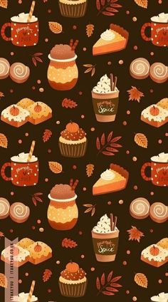 a brown background with cupcakes, coffee and other desserts on it's sides