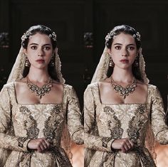 two photos of the same woman in wedding gowns, one wearing a tiara