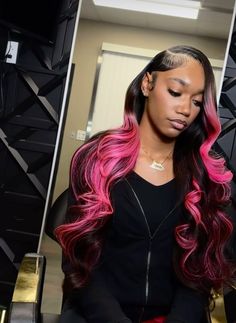 Pink Frontal Wig, Black And Hot Pink, Colored Wigs, Hair Laid, Front Lace Wigs Human Hair, Long Wavy Hair, Hair Life, Frontal Wig, Black Girls Hairstyles