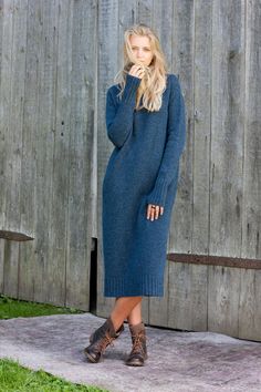 - Thick, long saddle raglan dress. - Ribbed hem. - Wide, ribbed turtleneck collar. - Long sleeves with wide ribbed cuffs and thumbholes. - Oversized fit. Garment is knitted from 100% pure new wool on manual knitting machine. Seams are sewn with sewing machine and hand crafted to give the best quality. Garment is washed and ironed - ready to wear. Sizing: Model is 180 cm/5'9 tall and wears size M. Ready garment sizes: Note: Since all of our garments are hand made and custom made for you, there co Long Wool Dress, Roll Neck Jumper Dress, High Neck Sweater Dress, Dress Casual Long, High Neck Midi Dress, Sweater Dress Casual, Turtleneck Dress, Turtle Neck Jumper, Roll Neck Jumpers