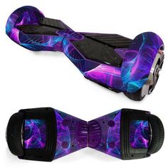 an image of a purple and blue hover skateboard with wheels on white background