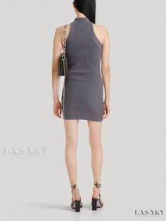 Lasaky - Sleeveless Bodycon Knitted Dress with Chic Hollow Twist Design Casual Ribbed Mini Sleeveless Dress, Casual Ribbed Sleeveless Mini Dress, Chic Sleeveless Knitted Mini Dress, High Neck Ribbed Mini Dress For Summer, Chic Knit Halter Neck Dress, Gray Sleeveless Bodycon Dress, Chic Gray Sleeveless Bodycon Dress, Fitted Knitted Sleeveless Mini Dress, Sleeveless Knit Mini Dress For Night Out