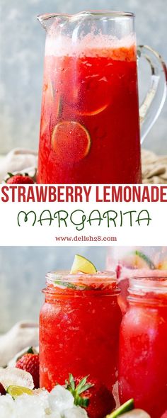 strawberry lemonade in mason jars with ice and strawberries