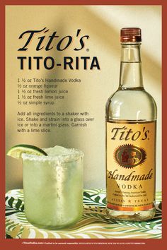 a bottle of tito's next to a margarita