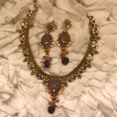 Only Wore Set Once. Brand New Condition! Adjustable Neck. Brown Jewelry With Matching Earrings For Parties, Brown Party Jewelry With Matching Earrings, Festive Costume Jewelry Metal Earrings, Elegant Brown Festive Jewelry, Festive Metal Costume Jewelry Earrings, Festive Metal Costume Earrings, Pink Purple, Womens Jewelry Necklace, Earring Set