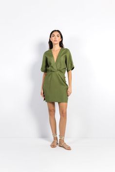 Linen Dresses, Raglan Sleeve, Green Dress, Dress Making, V Neck, Green, Dresses