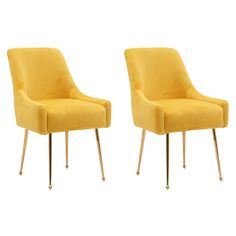 two yellow chairs with metal legs on a white background, one is facing the other