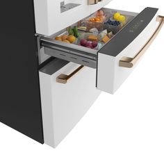 an open refrigerator freezer with food in it's drawer and door ajar