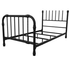 a black metal bed frame with round posts