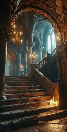 an old building with stairs and chandeliers in the dark, gothic - style setting