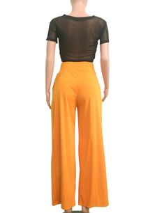 Yellow Pocketed Wide Leg Casual Pants Casual Orange Bottoms, Chic Yellow Pants With Elastic Waistband, Orange Solid Bottoms For Spring, Orange Solid Color Bottoms For Spring, High Waist Orange Bottoms, Chic Yellow Bottoms With Elastic Waistband, Orange Bottoms For Summer, Orange Solid Color Bottoms For Summer, Chic Orange Pants With Elastic Waistband