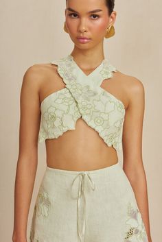 MATIAS TOP - LIGHT HONEYDEW Spring Vacation Crop Top With Floral Embroidery, Chic Cropped Top With Floral Embroidery, Spring Floral Embroidery Cropped Top, Fitted Linen Top With Floral Embroidery, Cropped Tops For Garden Party In Spring, Chic Embroidered Cropped Top, Chic Cropped Embroidered Tops, Chic Linen Top With Floral Embroidery, Chic Linen Tops With Floral Embroidery