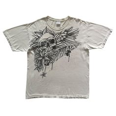 Skull Star Wing Grunge Cyber Y2K Style T-Shirt * info : Classic Color / Good Condition * Color : White * Size : L * Condition : 9/10 - slight holes and stain (last picture), does not affect wearing. Measurements: Chest : 21 inch  Length : 28 inch Follow my store !! - New interesting items every day - Quick reply to your message - Worldwide Shipping Shipping: Item will shipped out in 1-2 days after full payment received. Economy Shipping 7-15 days, so please make sure your shipping address is cor Gothic Shirt Design, Y2k Grunge Tops, Cybersigilism Shirt, Y2k Shirt Png, White Y2k Shirt, Shirt Png Aesthetic, Y2k Shirt Design, White Shirt Y2k, Graphic Tees Design Prints