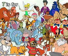 an image of many cartoon characters with the words t is for disney written below them