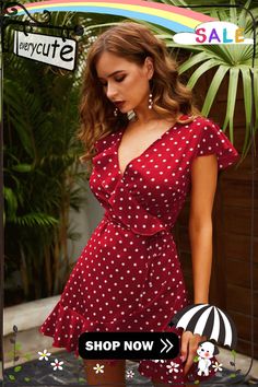 Women's Sexy Irregular Polka Dot Dress Summer European and American Holiday Style Flirty Polka Dot Mini Dress For Summer, Fitted Polka Dot Mini Dress For Beach, Fitted Polka Dot Summer Dress, Fitted Polka Dot Dress For Summer, Polka Dot V-neck Mini Dress For Summer, V-neck Mini Dress In Polka Dot For Summer, V-neck Polka Dot Mini Dress For Summer, Flirty Mini Length Polka Dot Dresses, Polka Dot Short Sleeve Mini Party Dress