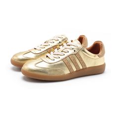 Army Trainer Leather Low-top Sneakers for Women With Stripes in Golden/Silver Gold Leather Sneakers With Gum Sole, Gold Lace-up Sneakers With Metallic Logo, Gold Sneakers With Gum Sole And Round Toe, Casual Gold Sneakers With Metallic Logo, Gold Casual Sneakers With Metallic Logo, Gold Sneakers Outfit, Golden Sneakers, Gold Trainers, Sneakers Outfit Casual