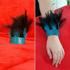 two pictures side by side one shows a woman's hand and the other shows a feather bracelet