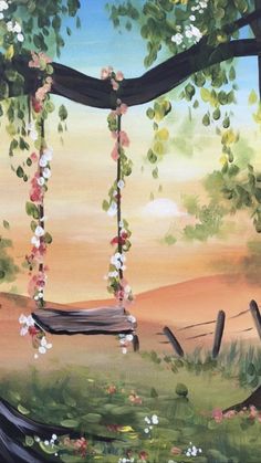 a painting of a tree swing with flowers on it