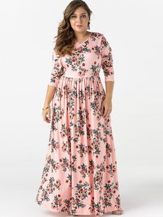 Plus Size Bungundy Floral Pattern Long Sleeves Maxi Dress Maxi dress Dress Designs For Plus Size, Full Frock, Marriage Dresses, Full Sleeve Maxi Dress, Boho Dress Plus Size, Floral Dresses With Sleeves, Print Chiffon Maxi Dress, Floral Dress Design, Holiday Dresses Women