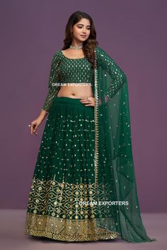 Green Lehenga Choli For Women Indian Wedding Wear Lengha Choli Bridal Lahanga Choli Party Wear Lengha Ready To Wear Bridesmaids Ghagra Choli Details  Lehenga (Semi-Stitched) Fabric: Georgette    Work : Resham, Sequence Embroidery Work  Inner: Micro Cotton with can-can layered net. Flare :4.00 mtr Size  : waist-42"Length-41" Blouse (Unstitched) Fabric: Georgette Work: Resham,Sequence Embroidery Work  Size: up to 42" Dupatta Fabric: Soft Net Work: Resham,Zari, Sequence Embroidery work  length: 2.2 Lengha Choli Bridal, Party Wear Lengha, Botas Outfit, Sequence Lehenga, Green Lehenga Choli, Chic Prom Dresses, Lehenga Choli For Women, Choli For Women, Lehenga Choli Wedding