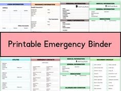 the printable emergency binder is shown in two different colors and features text that reads,