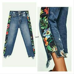 two pictures of jeans with floral print on them and one showing the same side slit