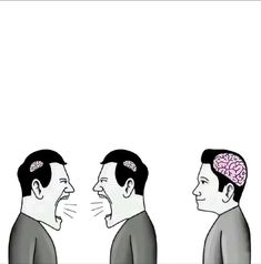 three men with their mouths open and one has a brain on his head, while the other