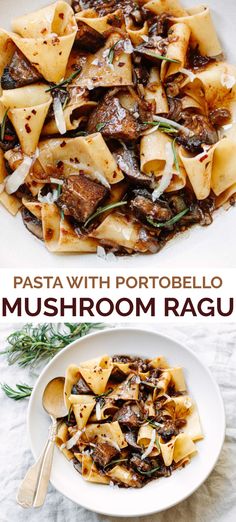 pasta with mushrooms and herbs in a white bowl on top of a table next to a plate