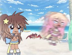 two cartoon characters are on the beach with one looking at another in front of them