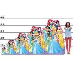 a woman standing in front of a line of princesses with their names on them