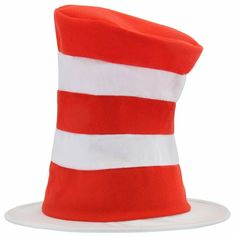 DR. SEUSS CAT IN THE HAT KIDS STRIPED TOP HAT Classic Striped Hat, Great Value, Kid's Size, Officially Licensed     You’ll be a cool cat in this cool hat!  This is an OFFICIALLY LICENSED (Dr. Seuss Enterprises) Cat in the Hat Plush Kid's Hat. NEW in package. This tall topper features classic red and white stripes, soft tricot 100% polyester fabric, a wire brim, and stovepipe top hat design.  Inspired by the beloved children's book series. One size fits most children (ages 3+). Hat stands approxi Dr Suess Hats, Cat In The Hat Costume, Red Top Hat, Top Hat Costume, Zoo Crafts, Dr. Seuss, Seuss Party, Puzzle Crafts, Striped Cat