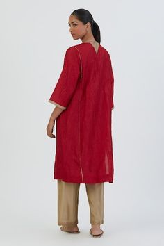 Red silk kurta featuring thread embroidered floral motifs on bodice highlighted by sequin embellishments. Comes with pant. - Aza Fashions Red Cotton Silk Kurta With Resham Embroidery, Red Cotton Silk Kurta With Chikankari Embroidery, Fitted Red Kurta With Chikankari Embroidery, Embroidered Bodice, Kurta With Pants, Red Silk, Fashion App, Embroidered Silk, Three Quarter