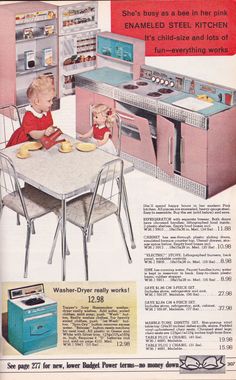 an advertisement for the sears kitchen set with two children eating breakfast in front of it