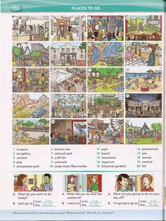 an illustrated book with pictures of people and places to go in the city on it