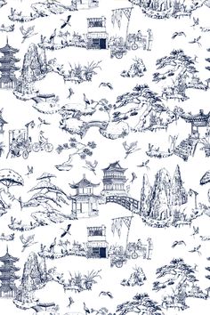 Named after a fictional utopia and inspired by traditional Chinoiserie, the Shangri La Toile is vibrant and modern yet still timeless. All Katie Kime Wallpaper is printed on-demand and in-house with eco-friendly inks on premium, smooth, matte paper. Our high quality wallpaper is available in a variety of bold, beautiful, and unique prints designed by the Katie Kime team. Double Roll 24" x 27' Pattern 24"W x 24" Straight Repeat Wallpaper ships trimmed. We highly recommend you purchase a sample be Toile Phone Wallpaper, Blue China Patterns Wallpaper, Asian Toile Wallpaper, Nyc Toile Wallpaper, Katie Kime Wallpaper, Blue And White Chinoiserie Spoonflower, Katie Kime, Toile Wallpaper, Toile Pattern