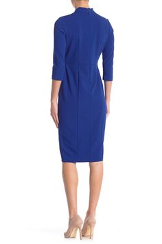 A sheath dress features a cutout mock neck with a twist for ultimate sophistication. Fit: this style fits true to size. Fitted Career Dress With 3/4 Sleeves, Spring Bodycon Dress With Back Zipper For Work, Bodycon Midi Dress With 3/4 Sleeve, Fitted Midi Dress With Ruched 3/4 Sleeve, Fitted Ruched Midi Dress With 3/4 Sleeve, Three Quarter Sleeve Dresses, Three Quarter Sleeves, Quarter Sleeve, Sheath Dress