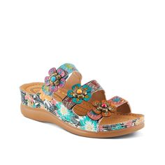 a women's sandal with colorful flowers on it