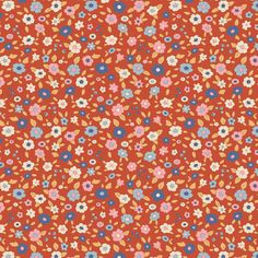 an orange background with blue, pink and red flowers on the bottom right corner is shown