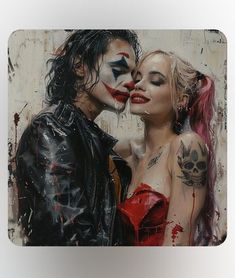 a painting of two people with makeup and blood on their faces, one is kissing the other