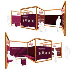 three different views of a booth with people standing around and sitting on the benches in front of it