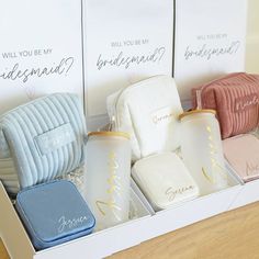 A Bridesmaid Proposal Box with a magnetic lid, personalized glass tumbler, jewelry box, and make-up bag. Minimalistic Bridesmaid Proposal, Bridesmaid Proposal Practical, Will You Be My Bridesmaids Gifts, Simple Bridesmaid Boxes, Bridesmaid Proposal Cricut, Bridesmaid Proposal Gifts Cheap, Gifts For Asking Bridesmaids, Will U Be My Bridesmaid Ideas, Affordable Bridesmaid Proposals