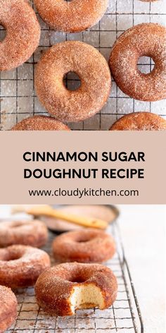 cinnamon sugar doughnuts on cooling rack with text overlay that reads, cinnamon sugar doughnut recipe