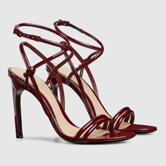 Women's strappy sandal in Rosso Ancora patent leather | GUCCI® US Red Strappy Heels, Womens Strappy Sandals, Latest Sandal, Strappy Leather Sandals, T Strap Flats, Black Strappy Sandals, Red Sandals, Red Heels, Boot Bag