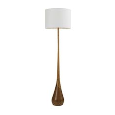 a lamp with a white shade on the side and a wooden base in front of it