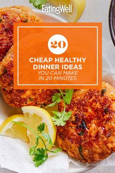 some food on a plate with lemon wedges and parsley in the background text reads 20 cheap healthy dinner ideas you can make in 20 minutes