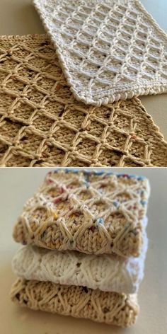 crocheted dishcloths are stacked on top of each other in different patterns